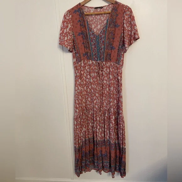 BloomChic Floral Maxi Dress - Terracotta and Blue Size 14/16 Boho - Picture 3 of 12